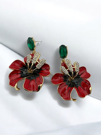 Bold Red Flower Drop Statement Earrings with Crystal Accents