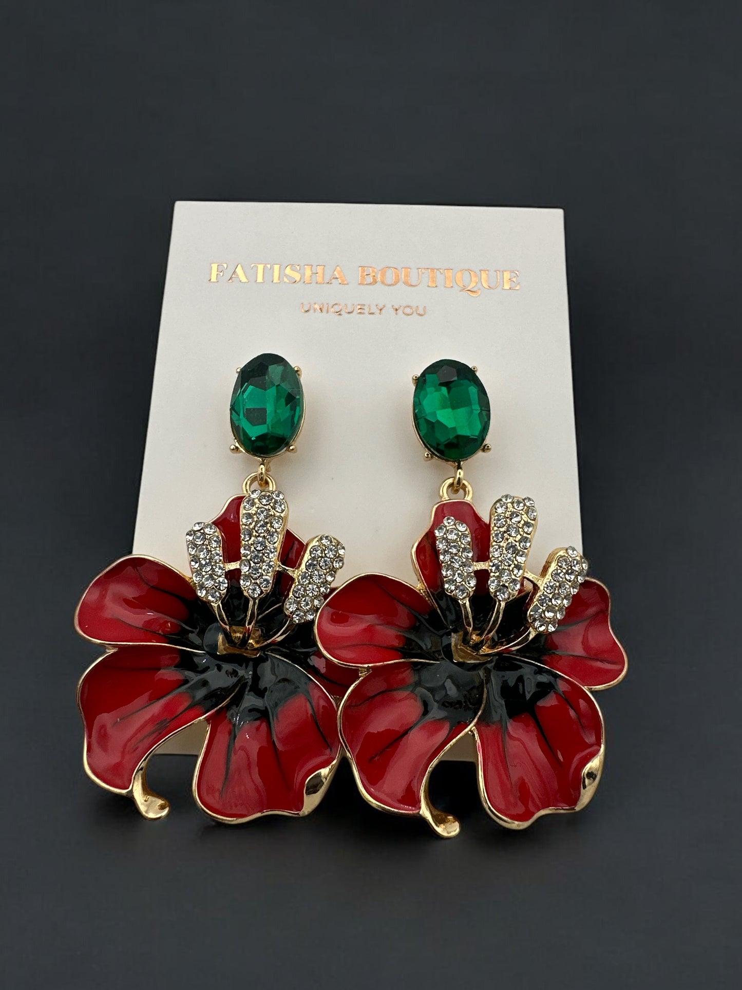 Bold Red Flower Drop Statement Earrings with Crystal Accents