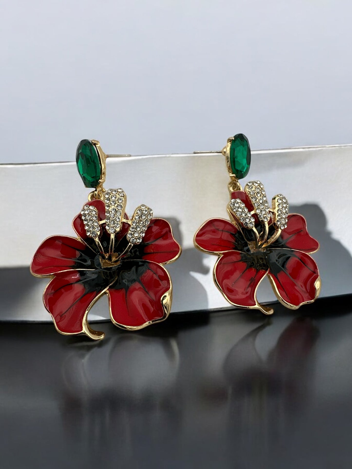 Bold Red Flower Drop Statement Earrings with Crystal Accents