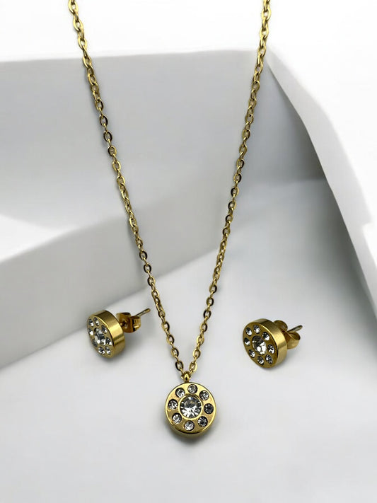 Stainless Steel Crystal Pendant Necklace & Earring Set - Gold & Silver Options