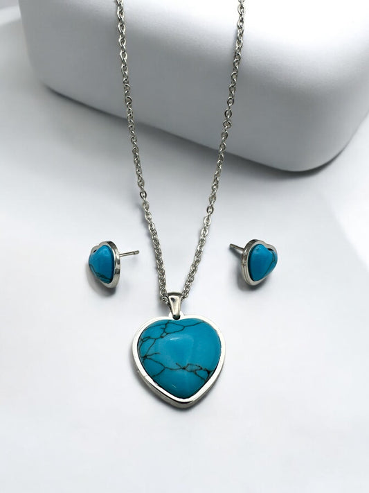 Turquoise Love Heart  Shaped Pendant Stainless Steel Pendant Set