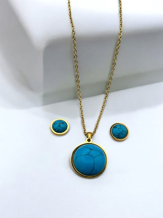 Stainless Steel Round Turquoise Jewellery Set - Pendant Necklace & Earrings