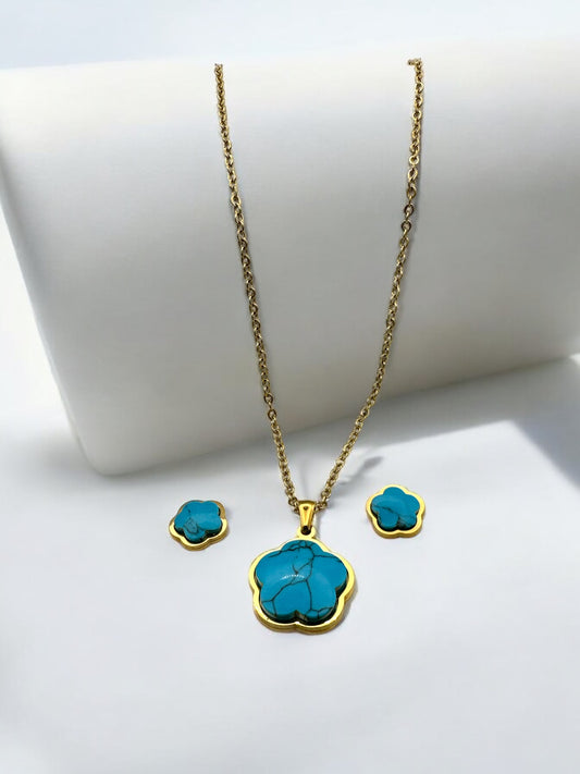 Stainless Steel Turquoise Flower Jewellery Set - Necklace & Earrings