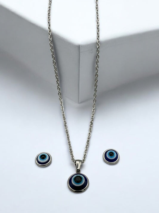 Stainless Steel Evil Eye Jewellery Set - Round Pendant Necklace & Earrings