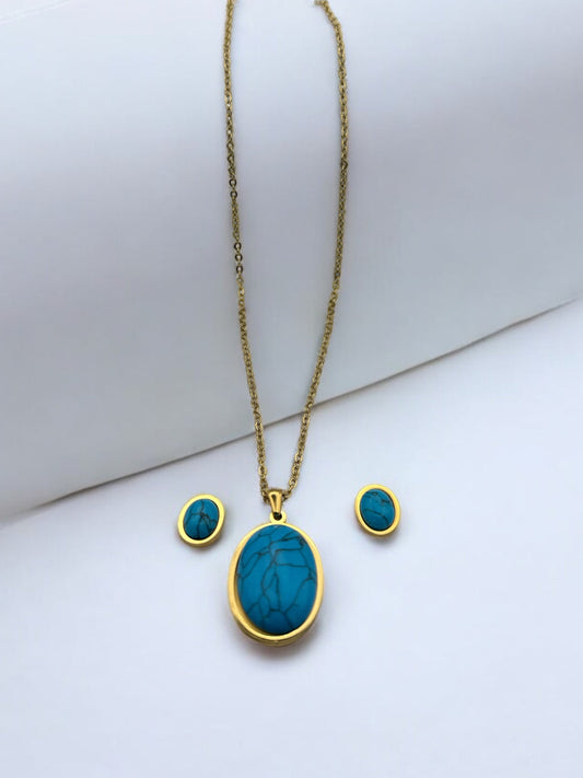 Oval Pendant Necklace & Earrings Stainless Steel Turquoise Jewellery Set