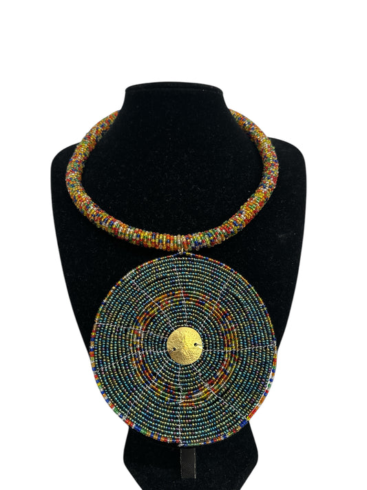 Handmade African Beaded Necklace with Round Pendant - Maasai-Inspired Tribal Jewellery