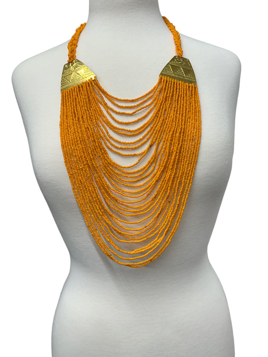 Authentic Long Orange Beaded Brass Pendant Ethnic Necklace