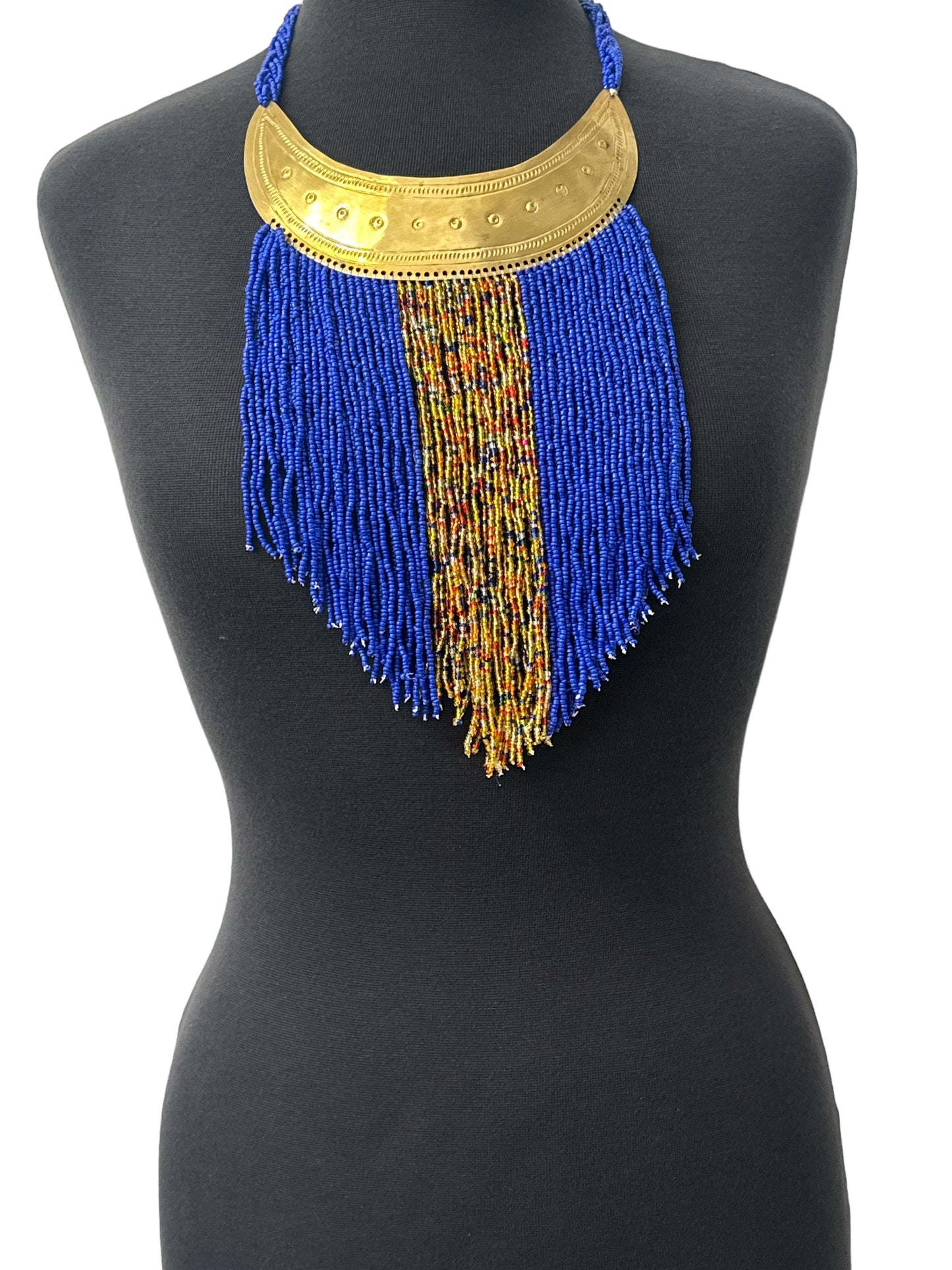 Authentic African Blue Beaded Ethnic Tassels Fringe Brass Pendant Necklace