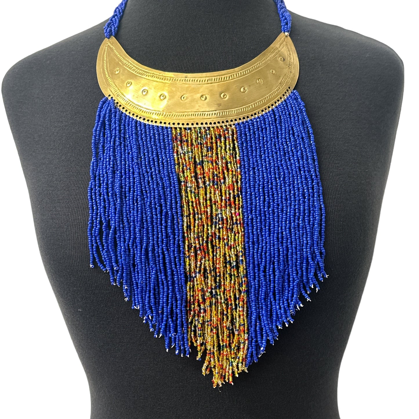 Authentic African Blue Beaded Ethnic Tassels Fringe Brass Pendant Necklace