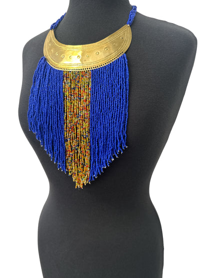 Authentic African Blue Beaded Ethnic Tassels Fringe Brass Pendant Necklace