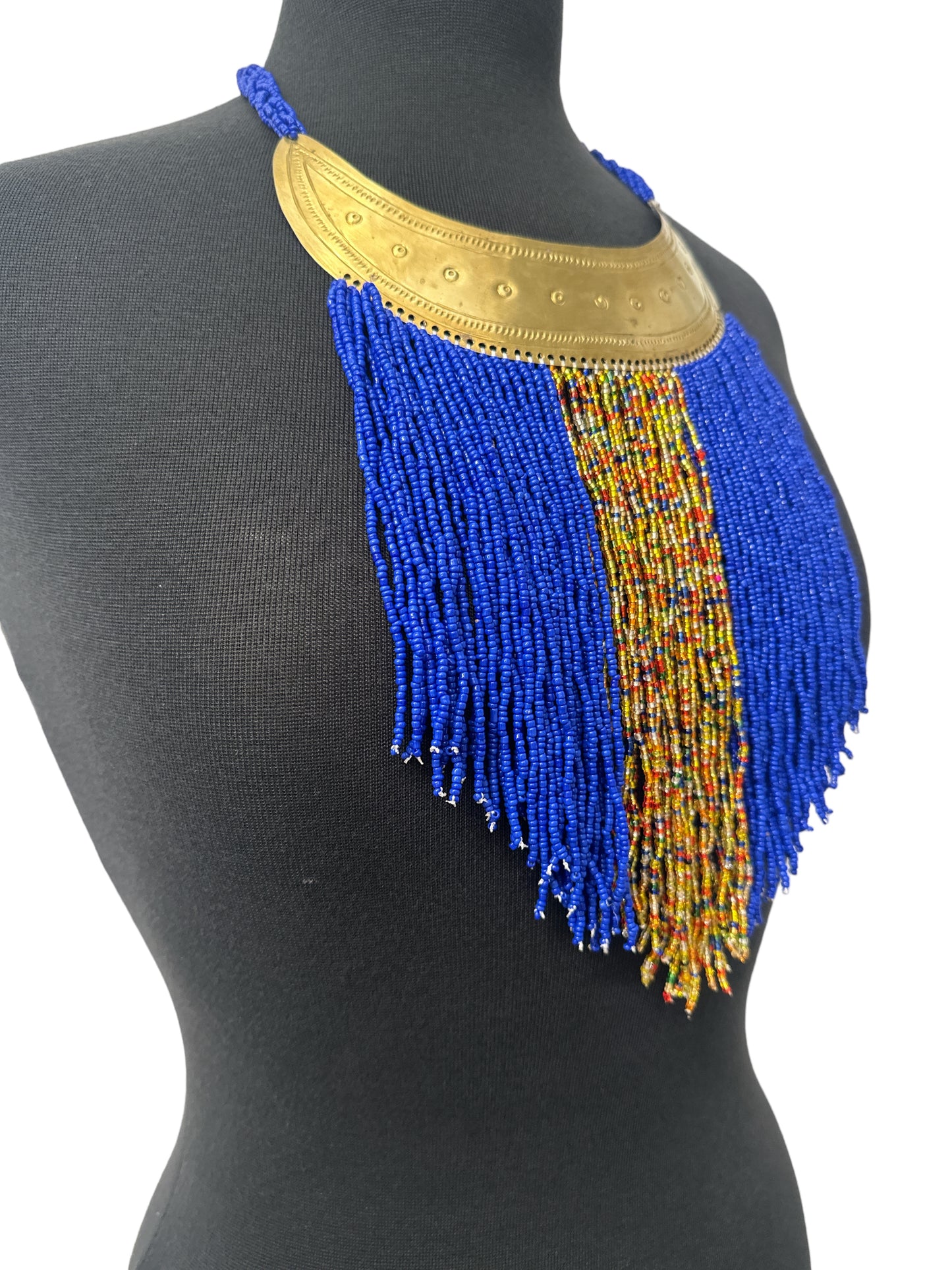 Authentic African Blue Beaded Ethnic Tassels Fringe Brass Pendant Necklace