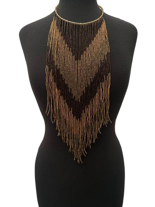 African Authentic Long Brown Beaded Fringe Tassels Necklace Pendant