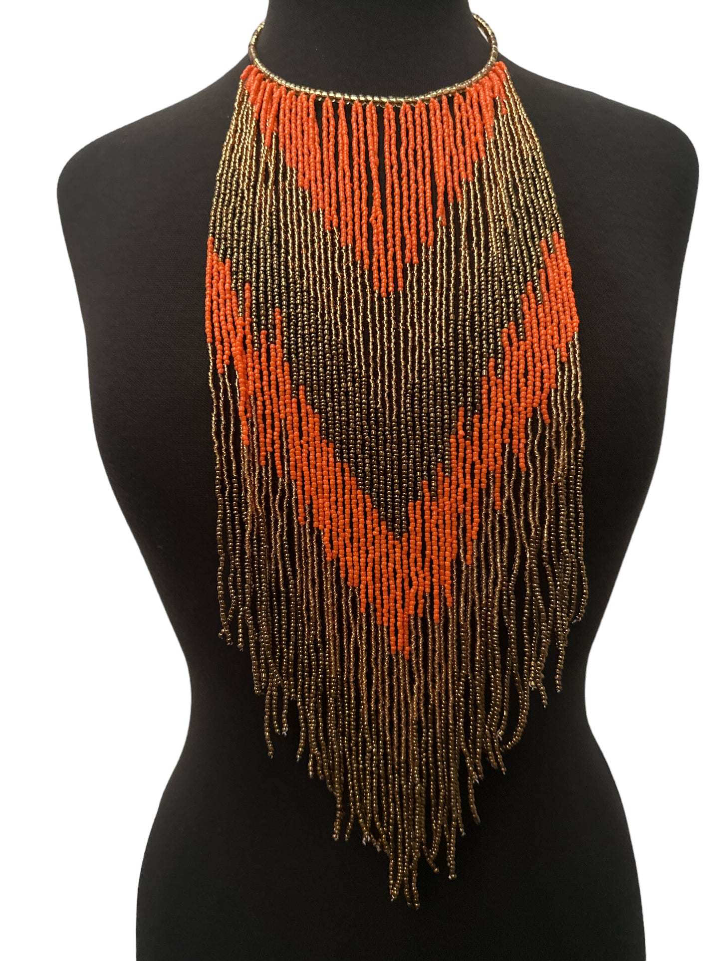 African Authentic Long Orange Beaded Fringe Tassels Necklace Pendant