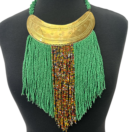 Authentic African Green Beaded Ethnic Tassels Fringe Brass Pendant Necklaces