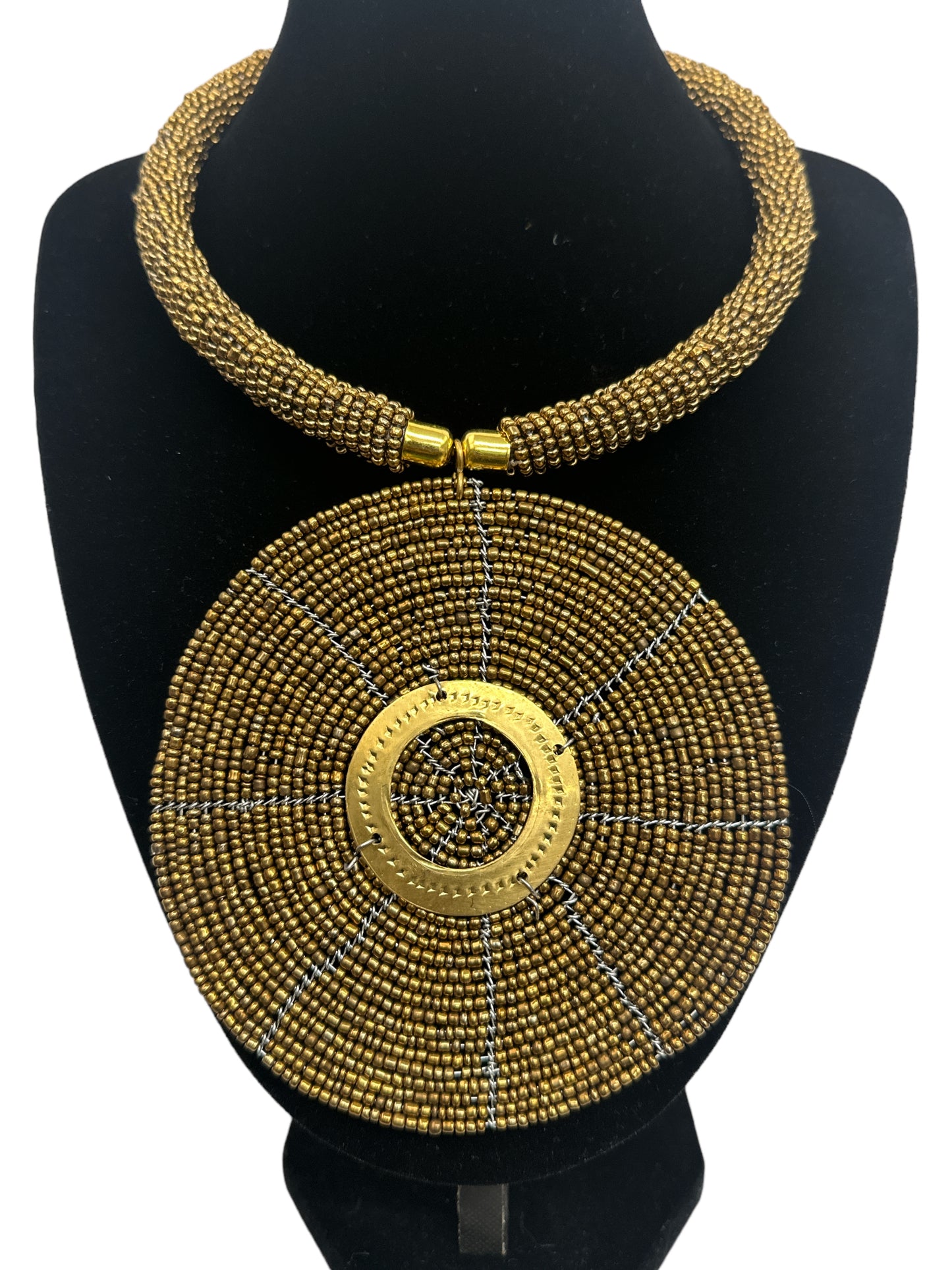 Authentic African Gold Beaded Large Disc Pendant Necklace