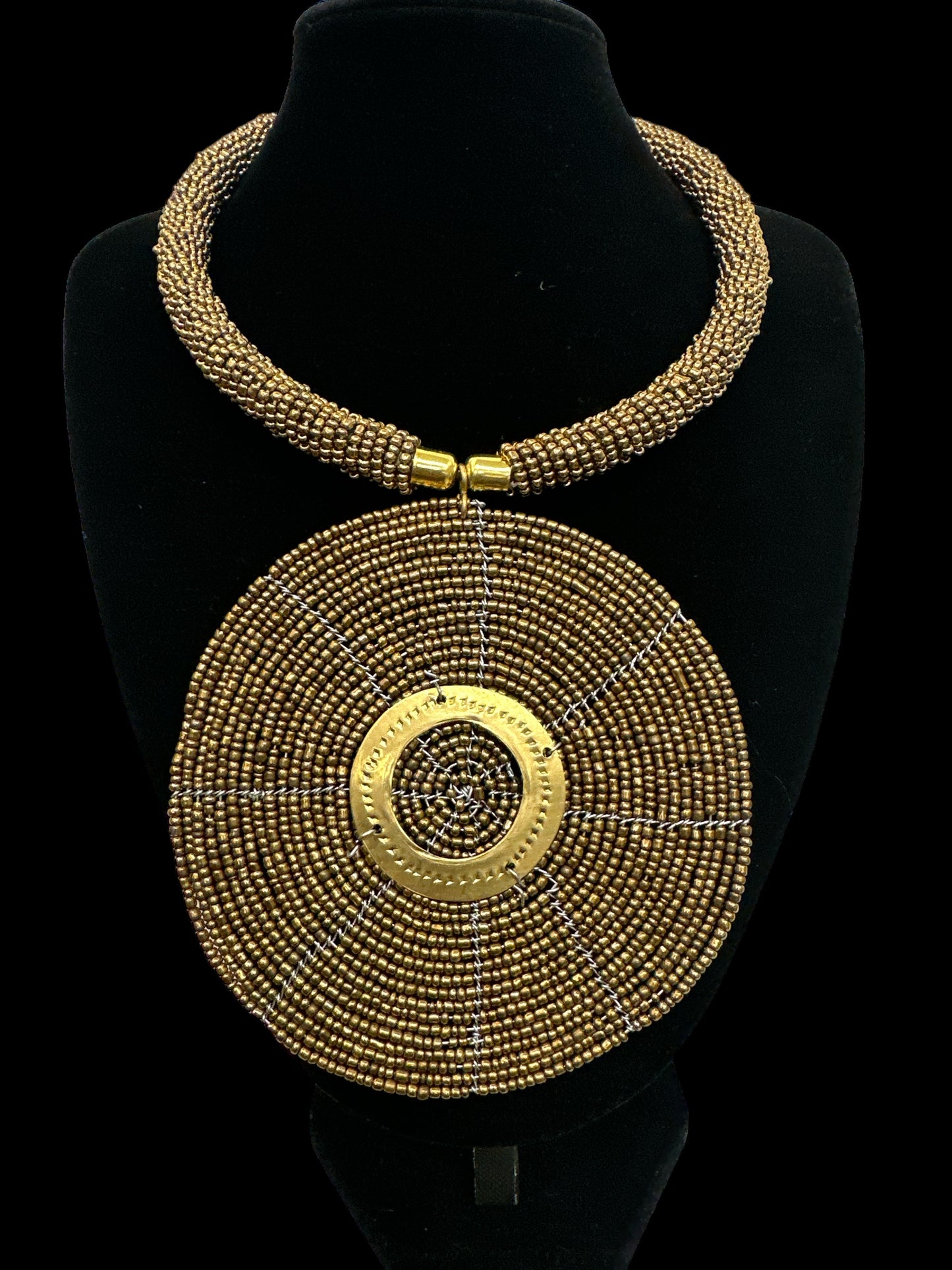 Authentic African Gold Beaded Large Disc Pendant Necklace