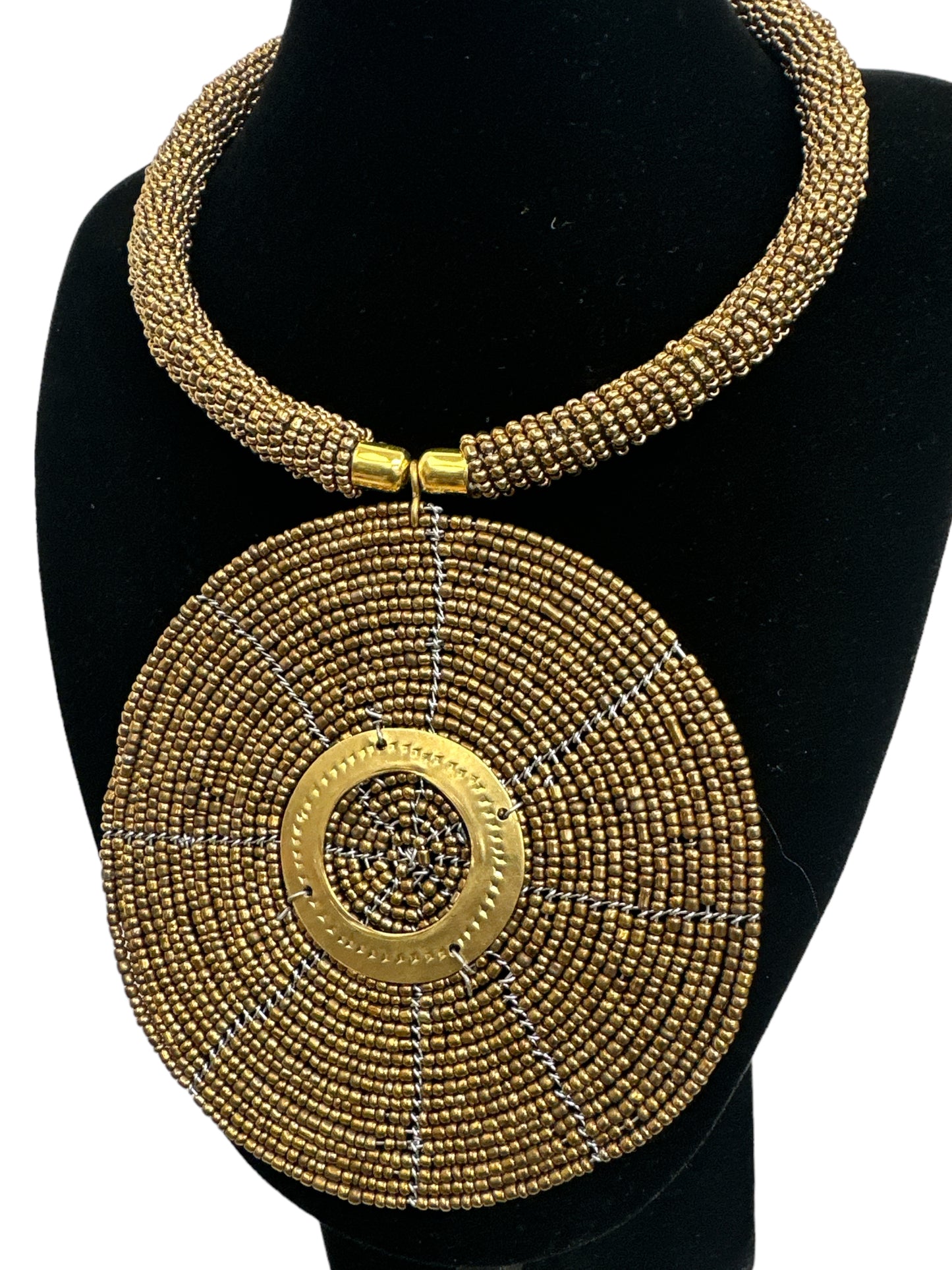 Authentic African Gold Beaded Large Disc Pendant Necklace