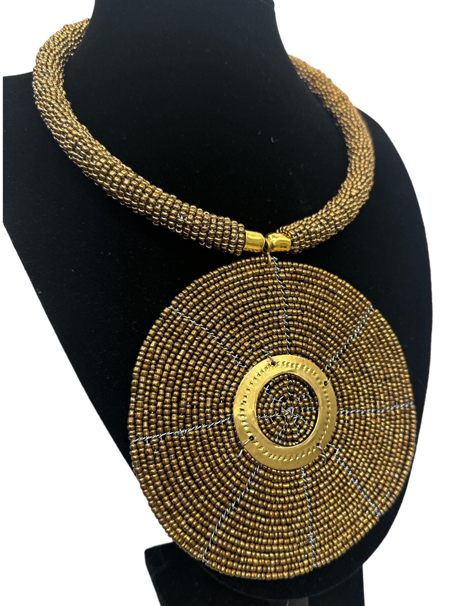 Authentic African Gold Beaded Large Disc Pendant Necklace