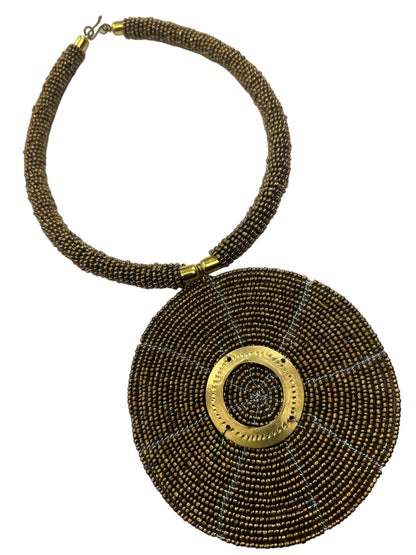 Authentic African Gold Beaded Large Disc Pendant Necklace