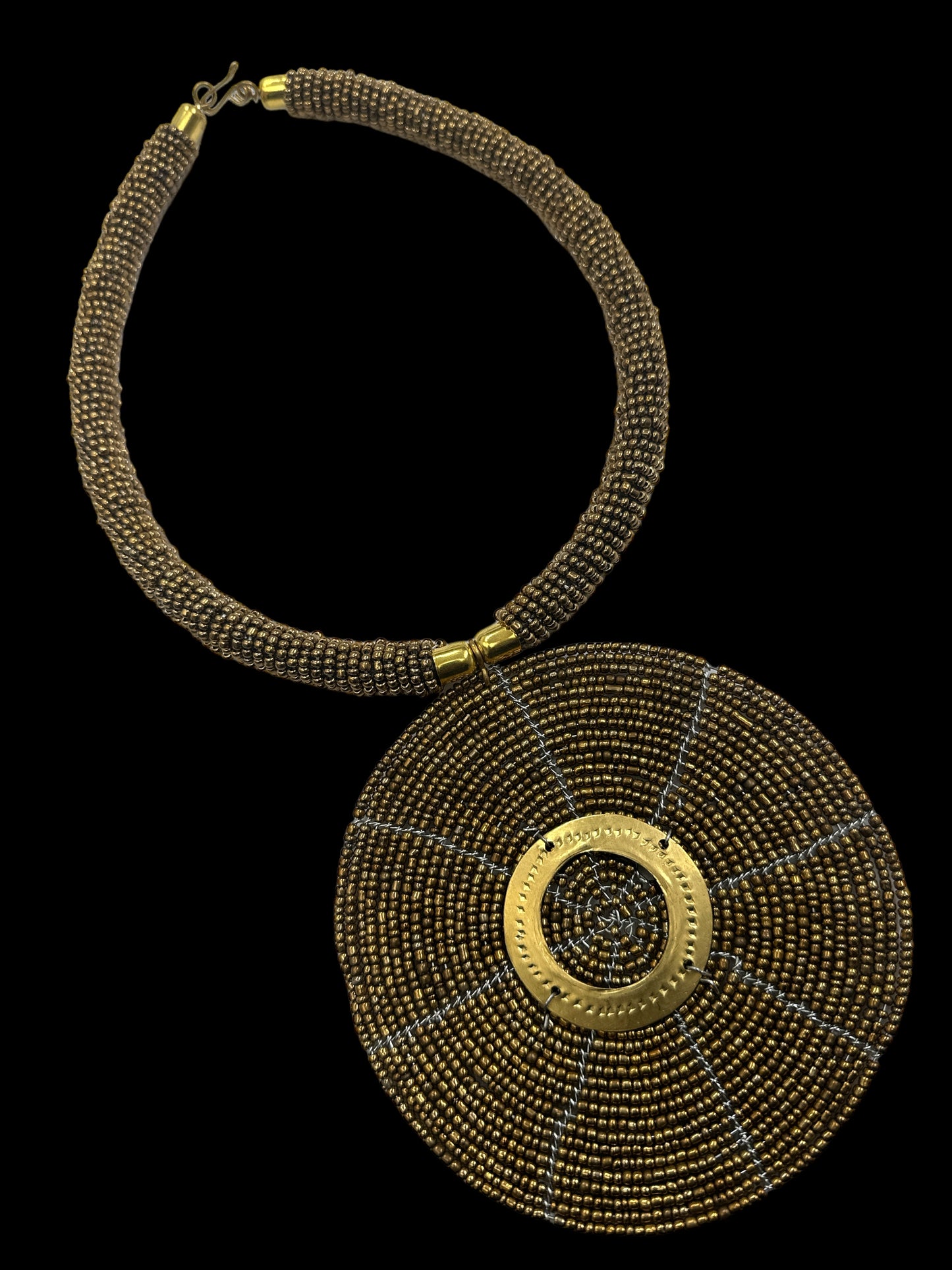 Authentic African Gold Beaded Large Disc Pendant Necklace