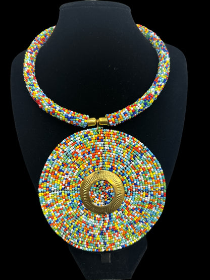 Authentic African Multicolour Beaded Large Disc Pendant Necklace