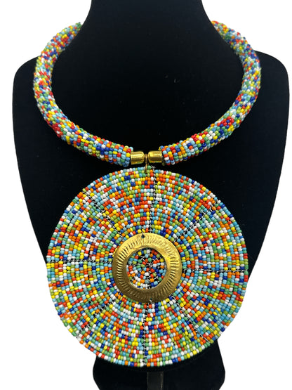 Authentic African Multicolour Beaded Large Disc Pendant Necklace