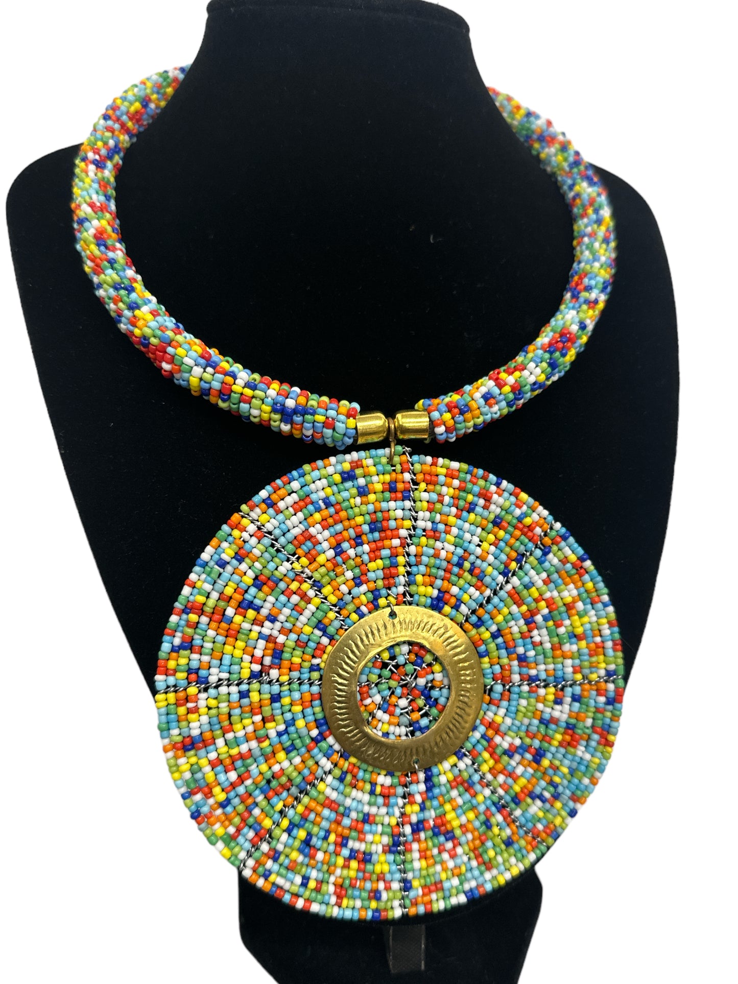 Authentic African Multicolour Beaded Large Disc Pendant Necklace