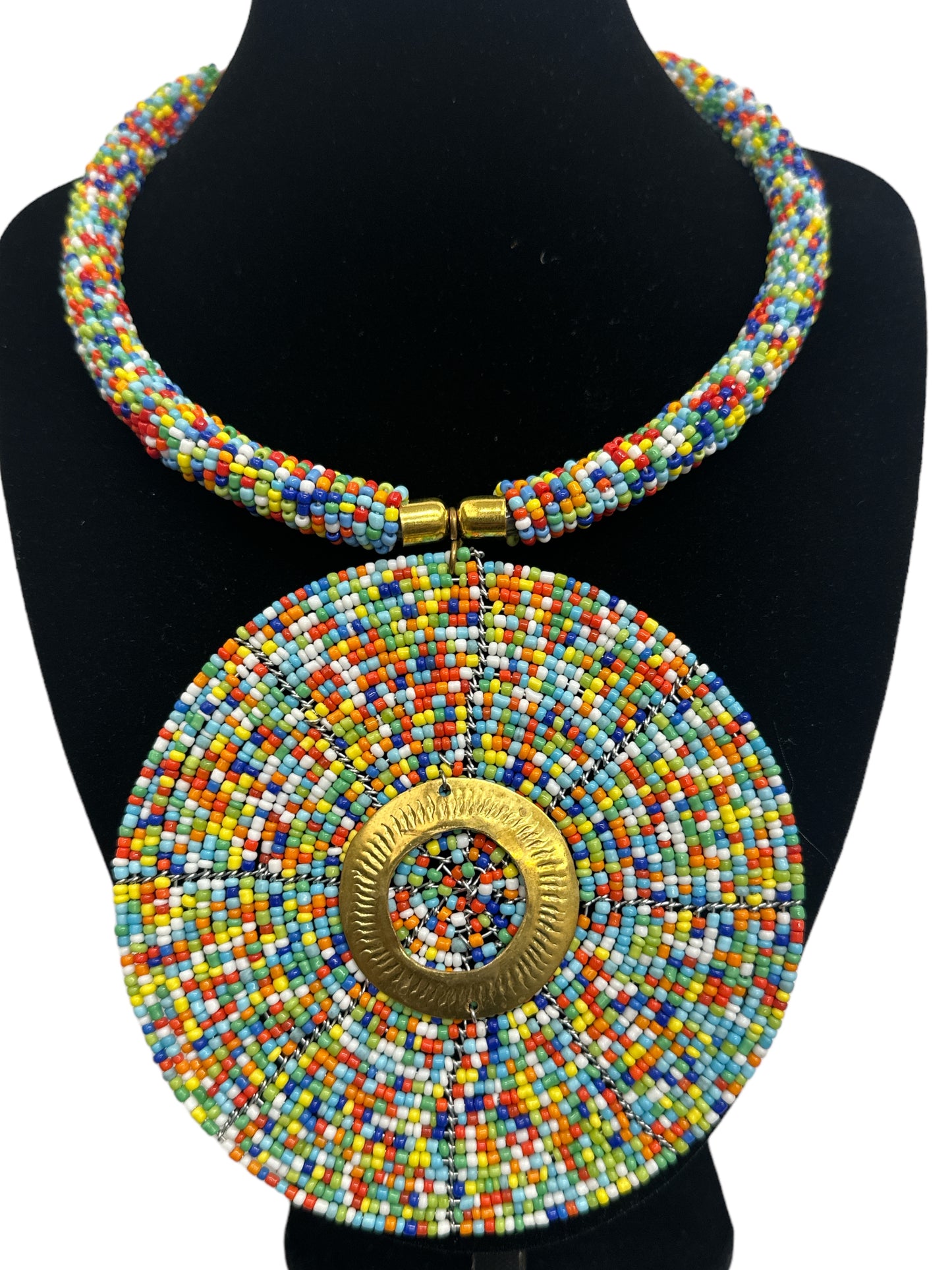 Authentic African Multicolour Beaded Large Disc Pendant Necklace