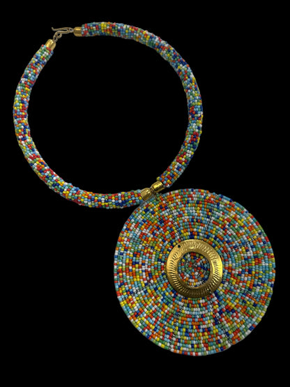 Authentic African Multicolour Beaded Large Disc Pendant Necklace