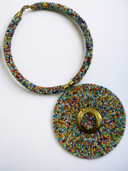 Authentic African Multicolour Beaded Large Disc Pendant Necklace