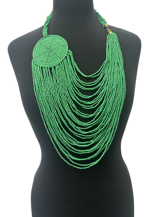 Authentic African Multilayer Green Beaded Large Disc Pendant Necklace