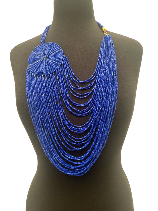 Authentic African Multilayer Blue Beaded Large Disc Pendant Necklace