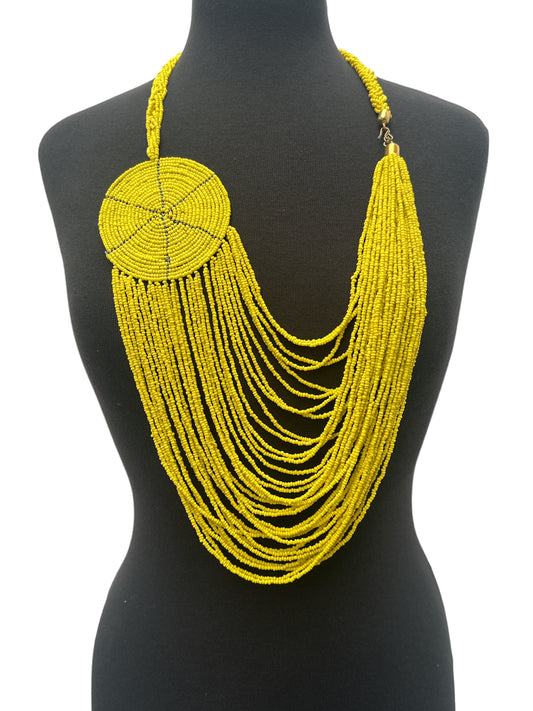 Authentic African Multilayer Yellow Beaded Large Disc Pendant Necklace