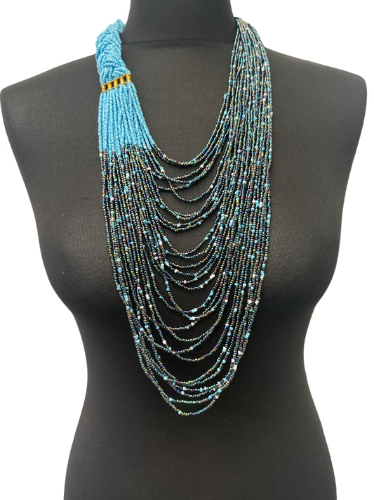 Authentic African Long Blue Braided Beaded Necklace