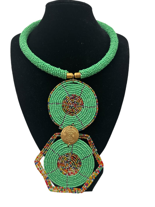 Authentic African Green Beaded Disc Pendant Necklace