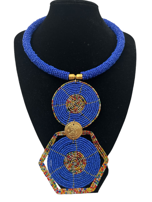 Authentic African Blue Beaded Disc Pendant Necklace