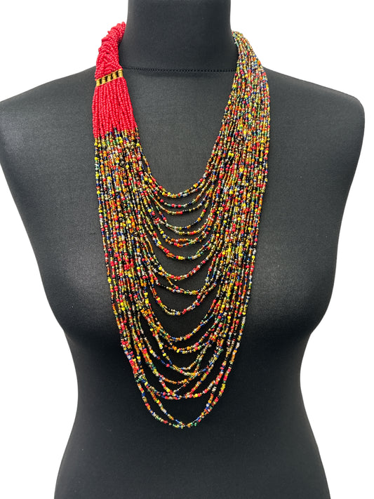 Authentic African Long Red Multi Braided Beaded Necklace