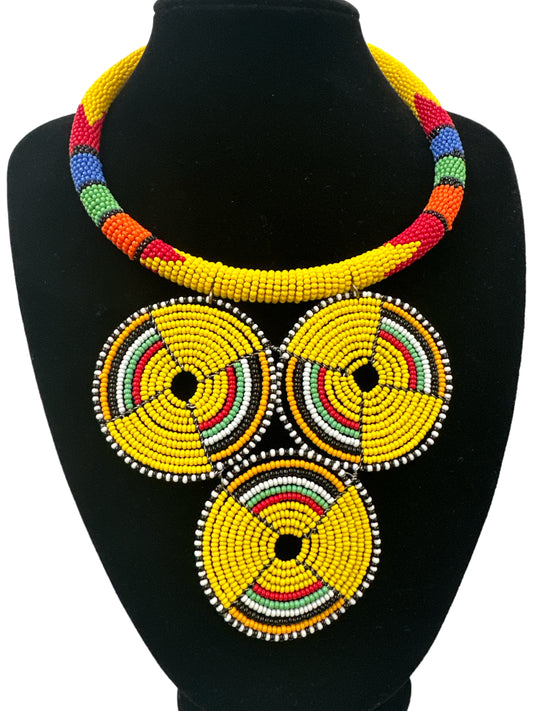 Authentic African Yellow Beaded Pendant Necklace