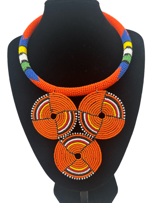 Authentic African Orange Beaded Pendant Necklace