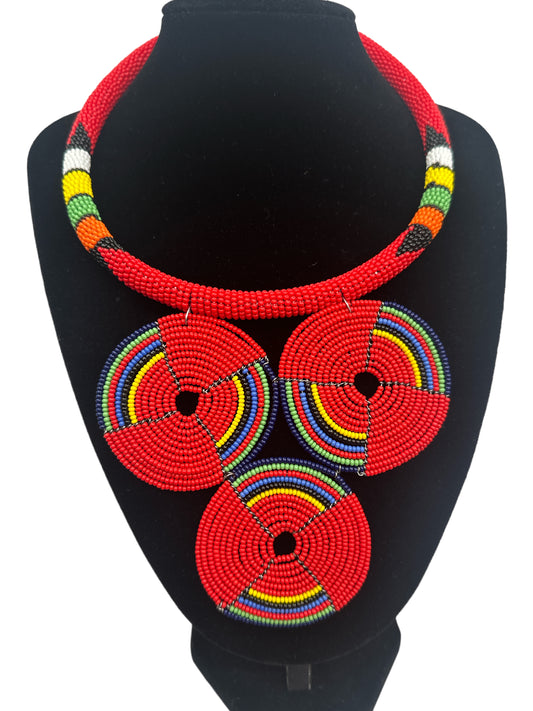 Authentic African Red Beaded Pendant Necklace