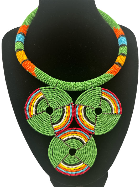 Authentic African Green Beaded Pendant Necklace