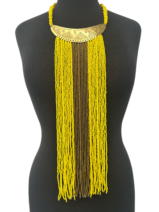 Authentic African Yellow Beaded Long Fringes Brass Necklaces