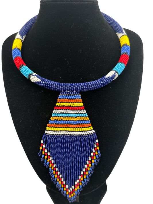 Authentic African Zulu Inspired Blue Beaded  Pendant Tassel Necklace