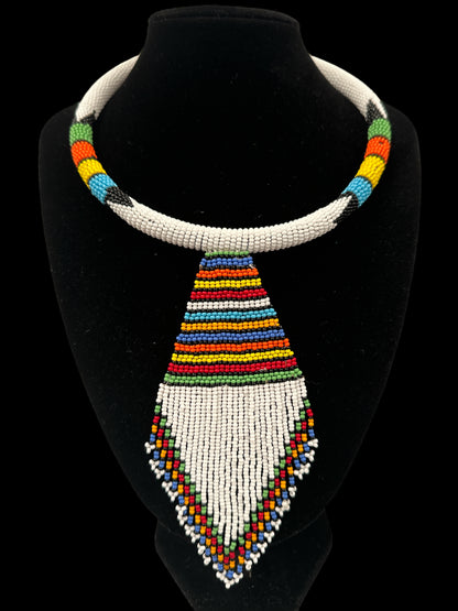 Copy of Authentic African Zulu Inspired White Beaded  Pendant Tassel Necklace