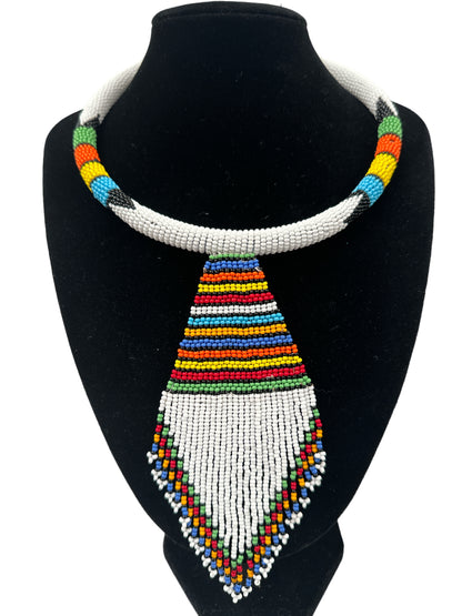 Copy of Authentic African Zulu Inspired White Beaded  Pendant Tassel Necklace