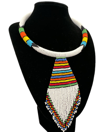 Copy of Authentic African Zulu Inspired White Beaded  Pendant Tassel Necklace