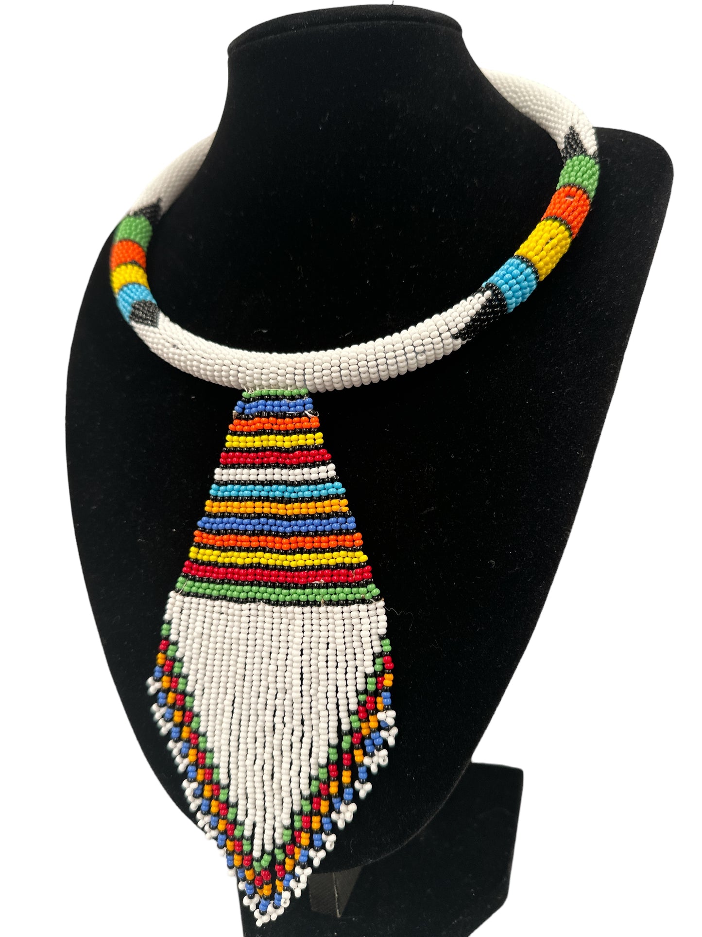 Copy of Authentic African Zulu Inspired White Beaded  Pendant Tassel Necklace