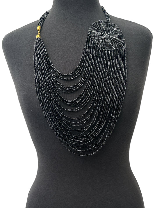 Authentic African Multilayer Black Beaded Large Disc Pendant Necklace