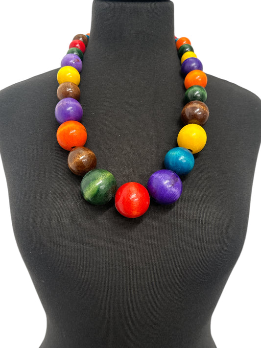 Large Multicoloured Wooden Beaded Ethnic Necklace – Handmade African Statement Jewellery