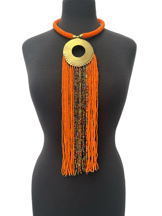 African Authentic Engraved Brass Long Orange Beaded Fringe Pendant Necklace